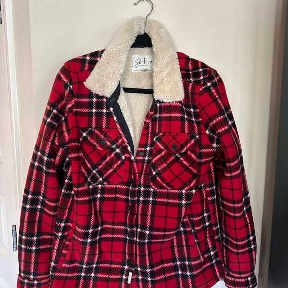 Soho Threads Women's Red and Black Plaid Teddy Jacket - Picture 1 of 3